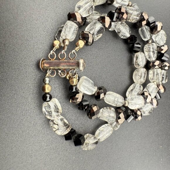 Multistrand Rutile Quartz & Glass Bead Bracelet 925 Sterling Silver Toggle Clasp - Picture 7 of 8